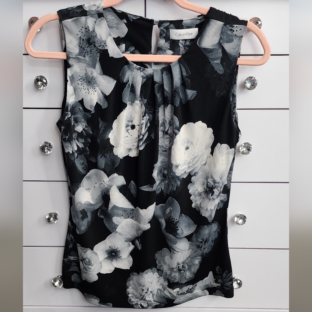 Calvin Klein Small Floral Black and White Tank Top Blouse